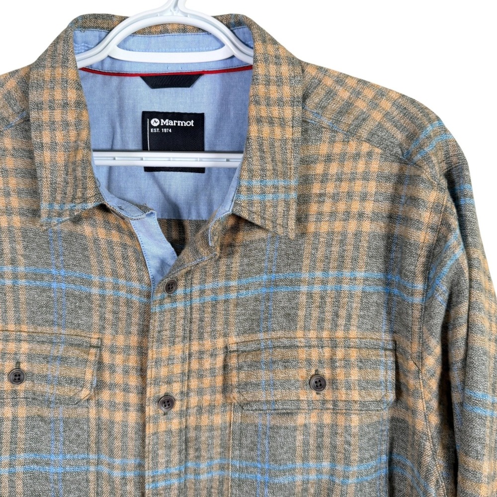 Marmot Jasper Midweight Flannel Shirt Button Up Mens L Tan Plaid L/S 42590